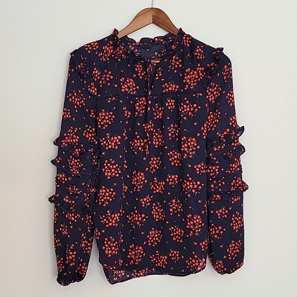 Ann Taylor Navy Blue Floral Teired Ruffle Sleeves and Tie Neckline size …